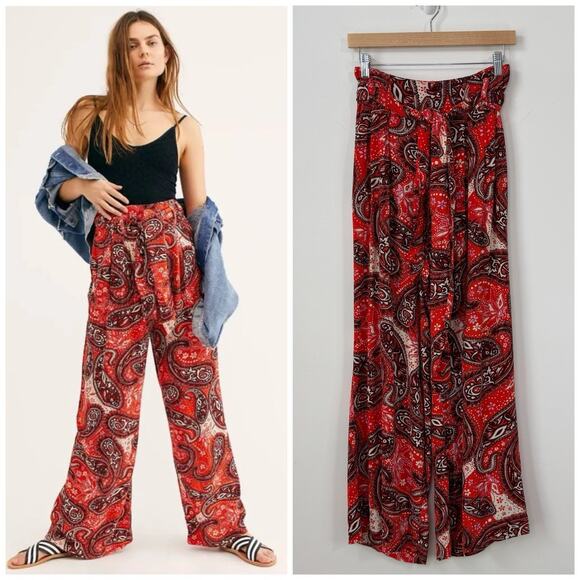 Free People Printed Double Trouble Pants Size XS Red Wide Leg Paisley Belted - Picture 1 of 13